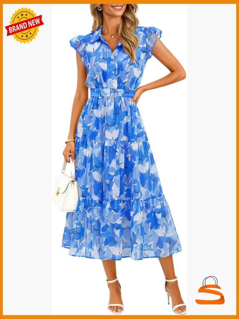 Summer Floral Midi Dress Flutter Short Sleeve Chiffon Button Down Wedding Guest